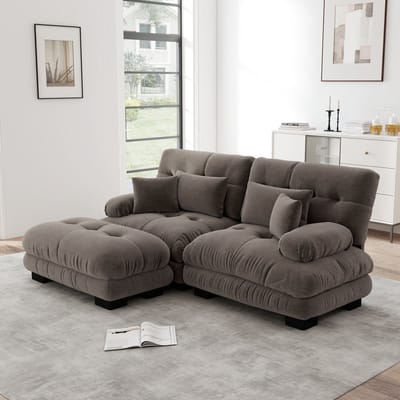 DESMIU Hoekbank 220 x 145 x 81 cm - Modulair Met Verplaatsbare Ottoman En 2 Lendenkussens - Voor Woonkamer - Chenille Bruin