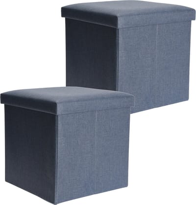 H&S Collection Poef/hocker/voetenbankje - 2x - opbergbox - blauw - polyester - 38 x 38 cm - opvouwbaar