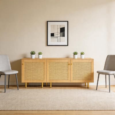 KOMHTOM - Modulaire opbergkast drievoudige bestekkast van rotan - rustiek dressoir voor de eetkamer - natuurlijke houtlook - H63/B180/D40 cm