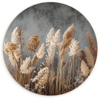 WallCircle® Wandcirkel 120x120 cm - Muurcirkel Gedroogde Veldbloemen - Grijs - Beton - Muurdecoratie woonkamer - Wanddecoratie slaapkamer - Kamer decoratie accessoires - Ronde schilderijen XXL