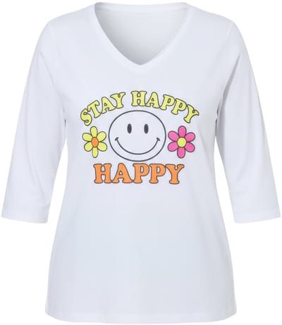 Angel of Style - Dames - T-shirt A-lijn neon smiley 3/4-mouw - Sneeuwwit - Maat 50