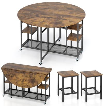 COSTWAY 3-delig eetgroep, eettafel inklapbaar met 2 krukken, keukentafel op wieltjes, eetkamertafel met wijnrek en planken, eetkamergroep vintage