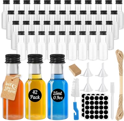 Famanu - 42 Stuks Mini-likeurflessen 25 ml met deksel, pen, label en trechter, herbruikbare plastic flessen voor bruiloften – Transparant
