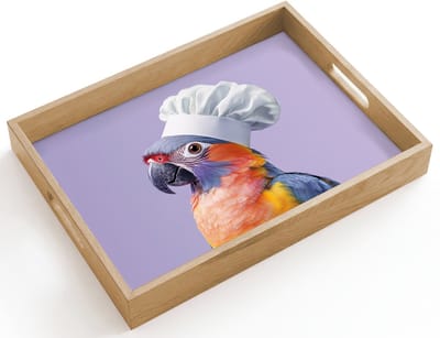 Dienblad hout 40x30 cm - Schootdienblad - Papegaai - Koksmuts - Paars - Cute - Borrelplank rechthoek - Plateau dienbladen