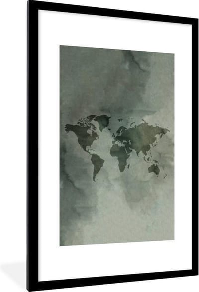 Poster in lijst - Fotolijst 60x90 cm - Posters - Wereldkaart - Aquarelverf - Groen - Grijs - Posterlijst zwart - Decoratie - Wanddecoratie woonkamer - Muurdecoratie slaapkamer