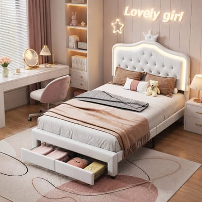 Tweepersoonsbed voor meisjes, 140 x 200 cm, met ledverlichting, meisjeskroonbed, in hoogte verstelbaar hoofdeinde, met 2 lades, tweepersoonsbed van PU-leer, Wit
