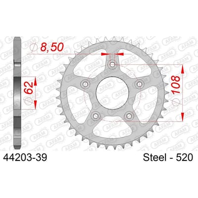 Stalen motortandwiel achteraan Afam 520 39 dents