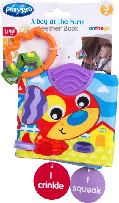 Playgro Activiteitenboekje Boederijdieren - Bijtboekje - Bijtprofiel - Pieper - Baby boek -baby boekje 0-6 maanden - Bijtring - baby boekje met geluid