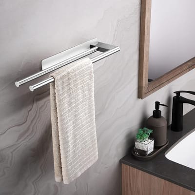 Famanu - Handdoekhouder, zonder boren, dubbel 304 roestvrij staal, zelfklevend, twee armen, handdoekstang, gastendoekhouder, wandmontage, geschikt voor badkamer en keuken
