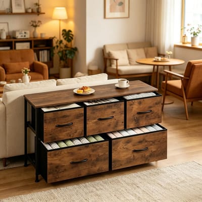 MODFU - Opbergkast Met 5 Lades - Industriële Vintage Stijl - Voor Hal Of Woonkamer - Metaal, MDF En Stof - Vintage Bruin - 100 X 54 X 30 Cm