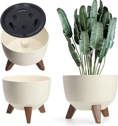KADAX Verhoogde plantenpot, grote kunststof plantenbak met poten voor binnen en buiten, duurzame ronde plantenbak voor kamerplanten (24 cm, crème)