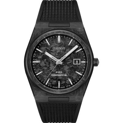 Tissot PRX Carbon synthetische band, zwarte wijzerplaat, automatisch uurwerk T137.907.97.201.00, waterdicht tot 100 meter, herenhorloge zwart