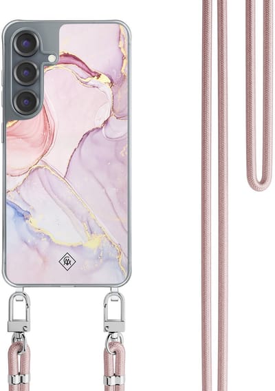 Casimoda® hoesje met koord - Geschikt voor Samsung S25 - Marmer roze paars - Afneembaar koord - TPU/polycarbonaat - Paars
