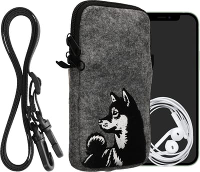kwmobile Tasje voor smartphones L - 6,5" - Hoesje van vilt in zwart / wit / grijs - Phone case met nekkoord - Shiba hond design
