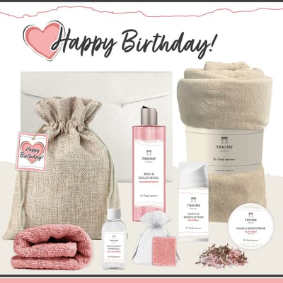 Geschenkset “Happy Birthday!” - 8 producten - 1240 gram - Triomf Cosmetica | Giftset voor haar Cadeau Valentijnsdag Luxe wellness cadeaubox Vrouw Cadeaupakket Kerst Geschenk Pakket Verjaardag Gift Valentijn Vriendin Roze Beige