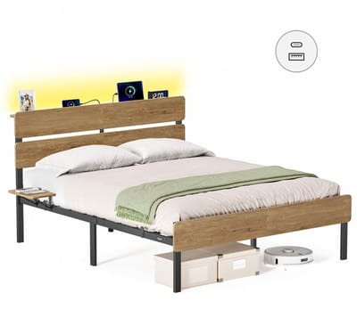 Tweepersoonsbedframe met verlichting – Natuurlijk bruin