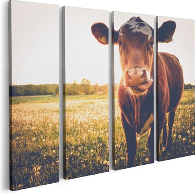 Artaza Canvas Schilderij Vierluik Koe In De Wei Tijdens Zonsondergang - 80x60 - Foto Op Canvas - Canvas Print