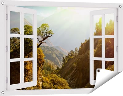 Gards Tuinposter Doorkijk Bos in de Bergen met Zonneschijn - Kleur - 90x60 cm - Tuindoek - Tuindecoratie - Wanddecoratie buiten - Tuinschilderij