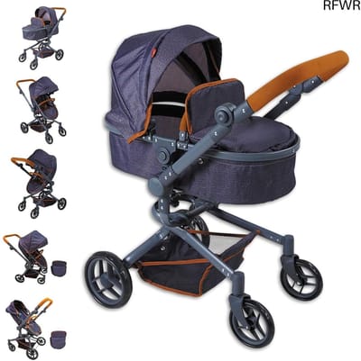 RFWR® Moderne Poppenwagen met Verstelbare Kap en Sportwagenfunctie - Donkerblauw, 59 x 42 x 80 cm