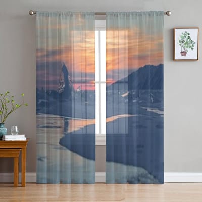 Transparante IJspegels Bij Zonsondergang Transparante Gordijnen voor Woonkamer Transparant Tule Raamgordijn Slaapkamer Keuken Decor Sluier Draperieën 135W x 114H(cm) blue