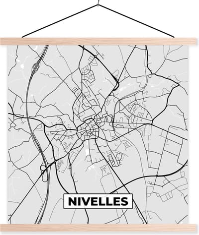 Posterhanger incl. Poster 40x40 cm - Schoolplaat - Stadskaart – Zwart Wit - Kaart – Nivelles – België – Plattegrond - Textielposter - Blanke latten - Stadskaart