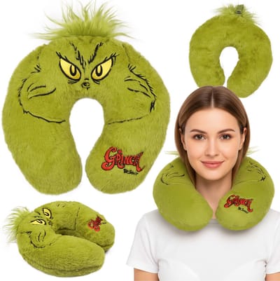 Grinch Groene, harige reiskussen, KUSSEN VOOR VLIEGTUIG AUTO 32x32 cm