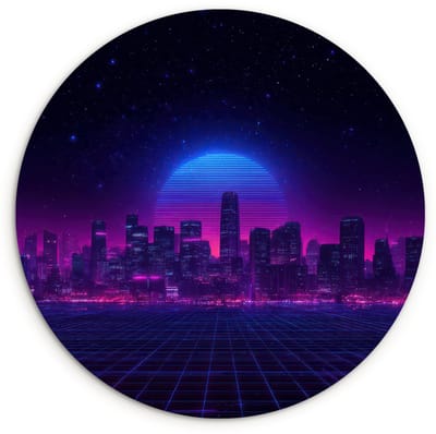 WallCircle® Wandcirkel 120x120 cm - Muurcirkel Skyline - Zon - Neon - Rasterpatroon - Muurdecoratie woonkamer - Wanddecoratie slaapkamer - Kamer decoratie accessoires - Ronde schilderijen XXL