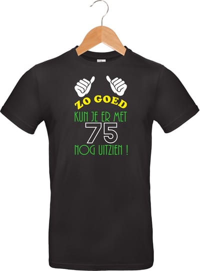 mijncadeautje - T-shirt unisex - zwart - opdruk in kleur -  zo goed met   75 jaar - maat L