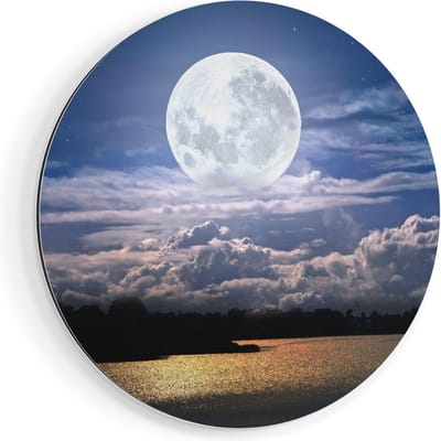 Artaza Dibond Muurcirkel Volle Maan bij het Water - Ø 80 cm - Groot - Wandcirkel - Rond Schilderij - Voor Binnen en Buiten