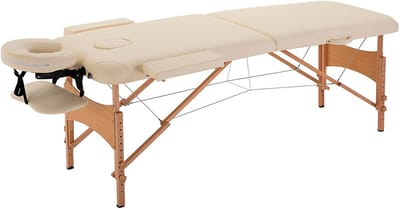 Massagetafel inklapbaar 185x60 cm – verstelbare massageliege met hoofdsteun, massagebank voor spa, salon en schoonheidsstudio, kunstleer & hout, crème, tot 250 kg belastbaar