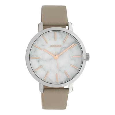 OOZOO Timepieces - Zilverkleurige horloge met licht taupe leren band - C10112