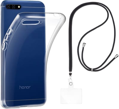 Set met hoesje en nekband voor huawei y6 2018 - Flexibele, transparante TPU-bescherming, verstelbare universele nekband voor mobiele telefoons, zwarte nekband, transparante draagriem van Phonillico®