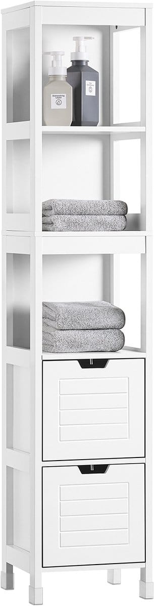 SoBuy FRG126-W Hoge Badkamerkast – Smalle Witte Kast met 3 Planken & 2 Lades – Vrijstaande Badkamer Opbergkast – 30x30x144cm