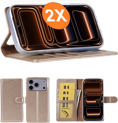 Hoesje geschikt voor iPhone 17 Pro Max hoesje Goud pasjeshouder telefoon hoes - Met screenprotector tempered glass voor iPhone 17 Pro Max - 2x
