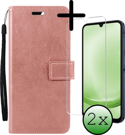 Hoesje Met 2x Screenprotector - Geschikt voor Samsung Galaxy A25 - Luxe Pasjeshouder - Bookcase Portemonee - Flip Case - Kunstleer Book Case - Flipcase Hoes - Book Cover - Walletcase - Portemonneehoes - Rosé goud