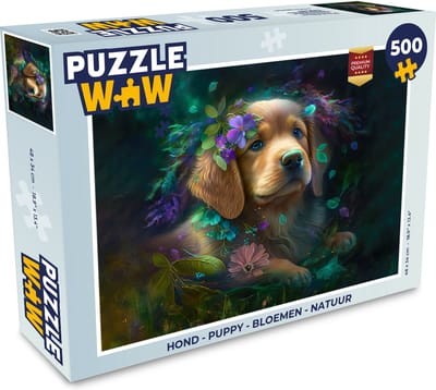 Puzzel Hond - Puppy - Bloemen - Natuur - Golden retriever - Legpuzzel - Puzzel 500 stukjes