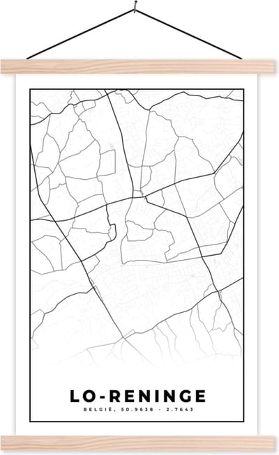 Posterhanger incl. Poster 40x60 cm - Schoolplaat - Stadskaart – Plattegrond – België – Zwart Wit – Lo Reninge – Kaart - Textielposter - Blanke latten - Stadskaart