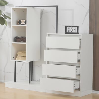 REDOM - Opbergkast - Met 4 laden en 3 open vakken - Met kledingstang - Minimalistische stijl - Hal of slaapkamer - Spaanplaat en metaal - Wit - 100 x 40 x 135 cm