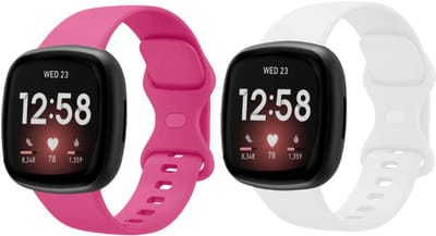 Strap-it Smartwatch bandjes set – siliconen horlogebandjes geschikt voor Fitbit Versa 3 / Versa 4 / Sense / Sense 2 – Knalroze & Wit – Maat S (2-pack)