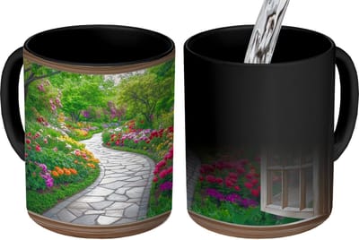 Magische Mok - Foto op Warmte Mokken - Koffiemok - Doorkijk - Bloemen - Tuinpad - Natuur - Raam - Magic Mok - Beker - 350 ML - Theemok