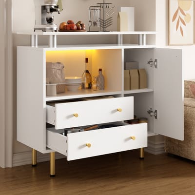 STILVORA Dressoir - Led En Glazen Schuifdeuren - 2 Laden En Deur Voor Woonkamer Of Hal - Glas Spaanplaat - 80x35x80 Cm - Wit