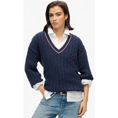 Superdry Oversized Gebreide Crickettrui met V-hals Blauw Grootte: 42-44