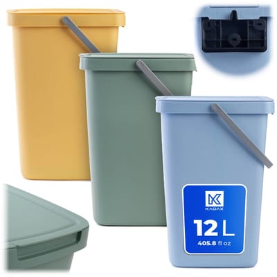 KADAX afvalbak 12L, set van 3, met deksel en handvat, kunststof afvalbak, prullenbak, afvalverzamelaar (groen, geel, blauw)