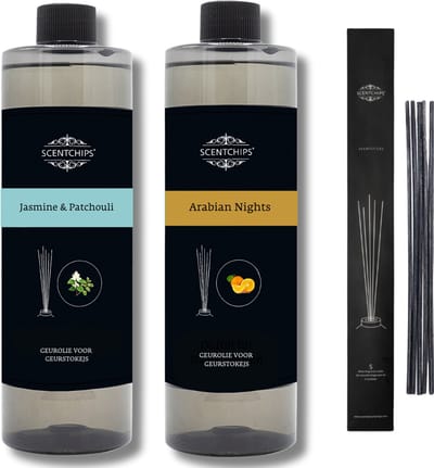 Navulling Jasmine patchouli + arabian nights + geurstokjes - Geurstokjes Navulling Set van 2 + 5 Geurstokjes - Geurverspreider - Luchtverfrisser - Huisparfum - 400ml x 2
