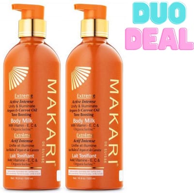 DUO DEAL 2 X 500ML Makari Extreme Verhelderende Bodylotion met Argan- & Wortelolie – Tegen Pigmentvlekken – Met Vitamine C & E – Hydraterend & Egaliserend – Voor Alle Huidtypen – Natuurlijke Ingrediënten