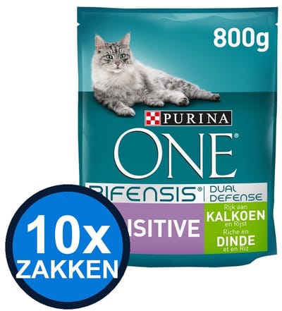 10x Purina One - Adult Sensitive Kalkoen - Kattenvoer Droogvoer - 800 g