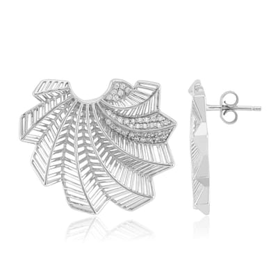 Cavill - Zilveren Oorbellen 925 Sterling Zilver Geplatiniseerd - Cambodjaanse Zirkoon 0.56 ct - Elegant Bladmotief - 25 mm Lichtgewicht