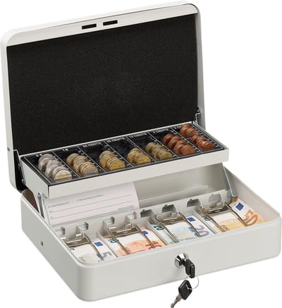 geldkistje met slot - met sleutel - ijzer - 8,5 x 30,5 x 24,5 cm - geldkluis - wit