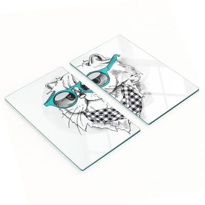 Decoratieve glazen snij- en serveerplanken met kat en glazen, 2x30x52 cm