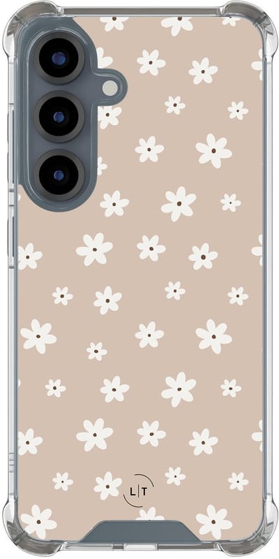 Shockproof hoesje - Geschikt voor Samsung Galaxy S25 - Cute flowers - Extra sterke case - TPU/polycarbonaat - Bloemen - Beige, Transparant